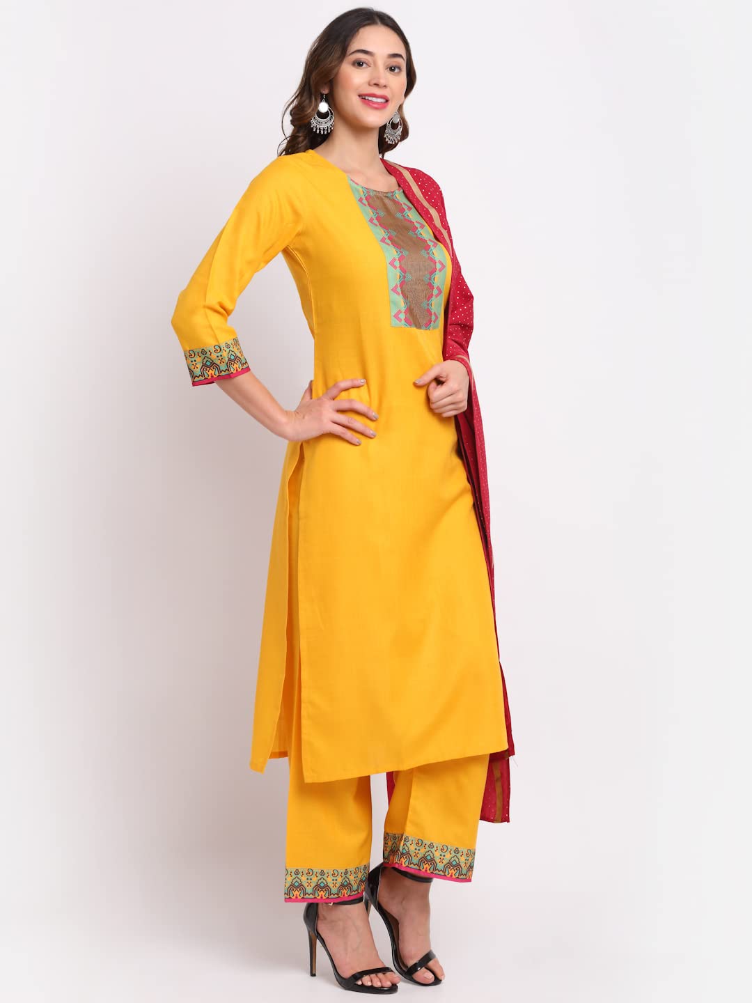 Anni Designer Women'S Cotton Straight Kurta With Palazzo & Dupatta (Hani Yellow_Xl_Yellow_X-Large),Yellow,XL,Cotton Blend,Straight,Kurta, Pants, Scarf