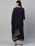 Anni Designer Women'S Cotton Straight Kurta With Palazzo & Dupatta (Ekaa Navy Blue_Xl_Navy Blue_X-Large),Navy Blue,XL,Cotton Blend,Straight,Kurta, Pants, Scarf