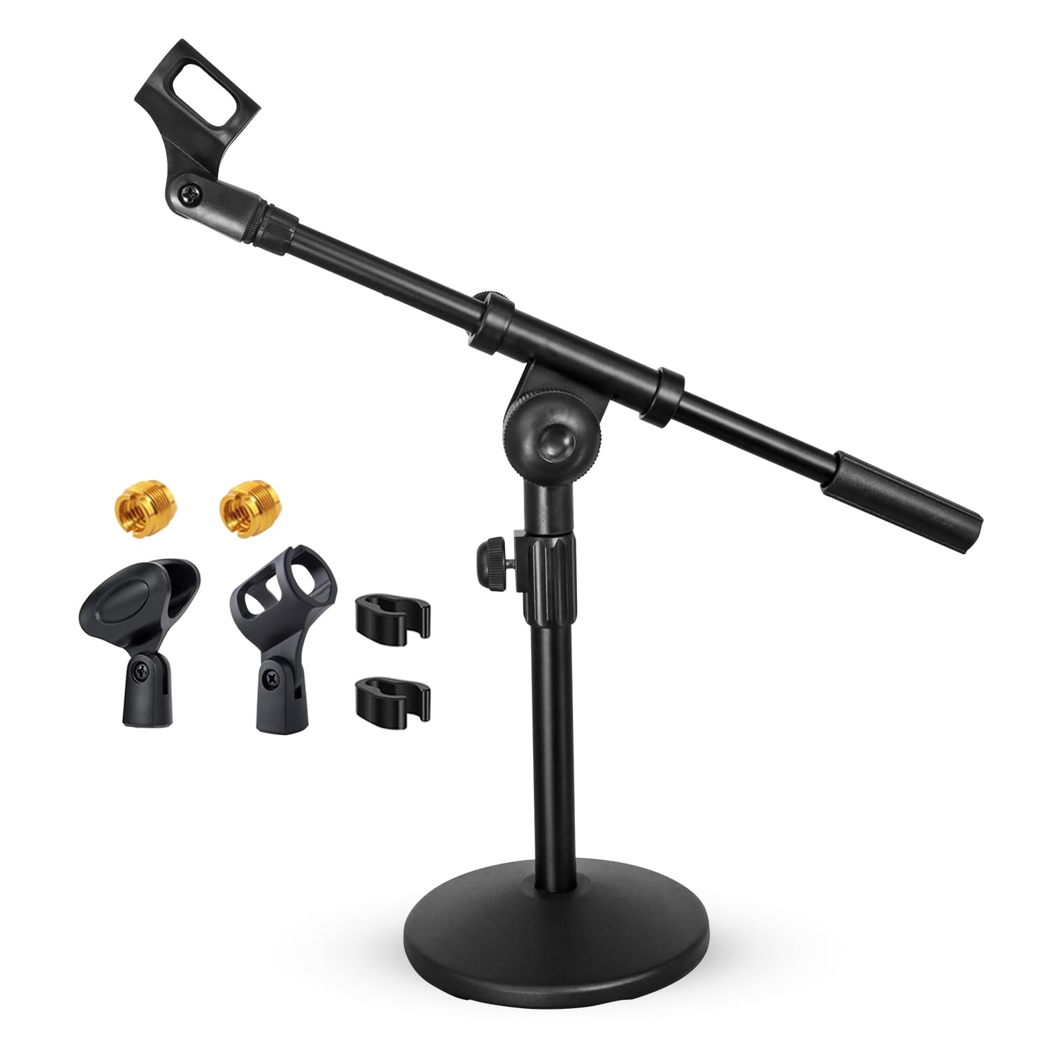 5Core Mic Stand Desk Adjustable Extendable Boom Arm Table Microphone Holder w Round Base Anti Slip Pad + Mic Clip + 3/8'' & 5/8'