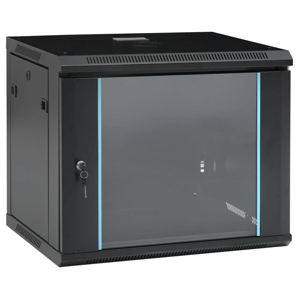 Vidaxl 9U Wall Mounted Network Cabinet, 19' Standard Equipment Compatible, Lockable Cold-Rolled Steel Structure With Removable Side Panels, Perfect For Routers Or Fiber Optic Modems.