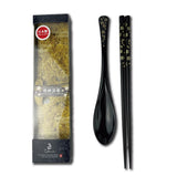 Premium Japanese Chopsticks with Spoon Reusable [ Made in Japan ] Traditional Lacquer Art Wooden Chopsticks (Gold Flower BK(YM20