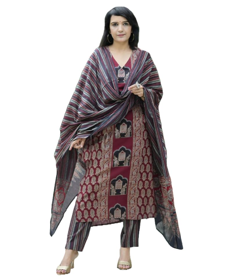 Anni Designer Women'S Rayon Viscose Printed Straight Kurta With Pant & Dupatta (Sarangpur Maroon_Xxl_Maroon_Xx-Large),Maroon,2XL