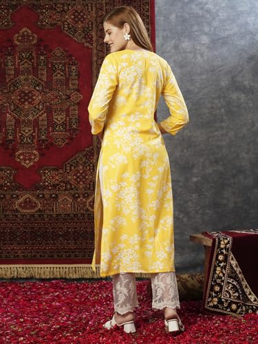 Gosriki Women'S Cotton Blend Chikankari Embroidered Straight Kurta (Zainab Yellow-Jb-Gs_Xl_Yellow_X-Large),Yellow,,B0D7M9Z47K