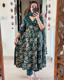 Anni Designer Women'S Rayon Blend Anarkali Printed Kurta With Pant & Dupatta (Navneeta Dark Green_M_Dark Green_Medium),Dark Green,M,Rayon Blend,Anarkali,
