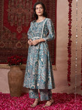 Anni Designer Women'S Rayon Blend Straight Printed Kurta With Pant (Marco Teal_M_Teal Blue_Medium),Teal Blue,M,Rayon Blend,Straight,