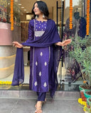 Anni Designer Women'S Cotton Blend Embroidered Straight Kurta With Pant & Dupatta (Nepoli Begani_Xxl_Purple_Xx-Large),Purple,2XL,Cotton Blend,NEPOLI BEGANI_243,