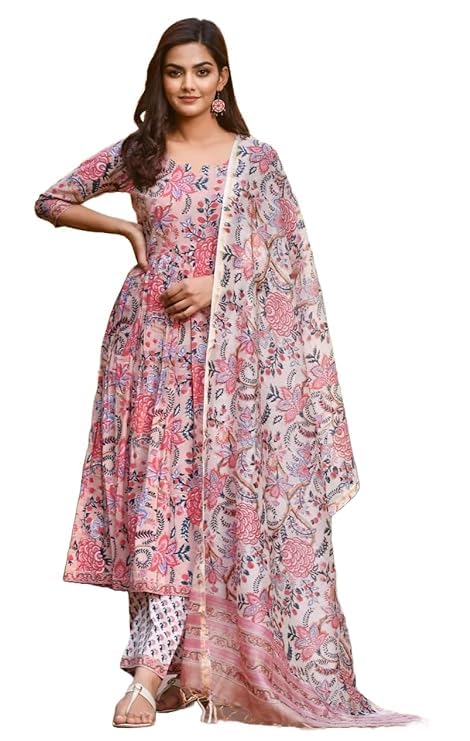 Fashion Basket Women's Georgette Anarkali Kurta Set with Duptta for Women (in, Alpha, L, Regular, Beige-1)