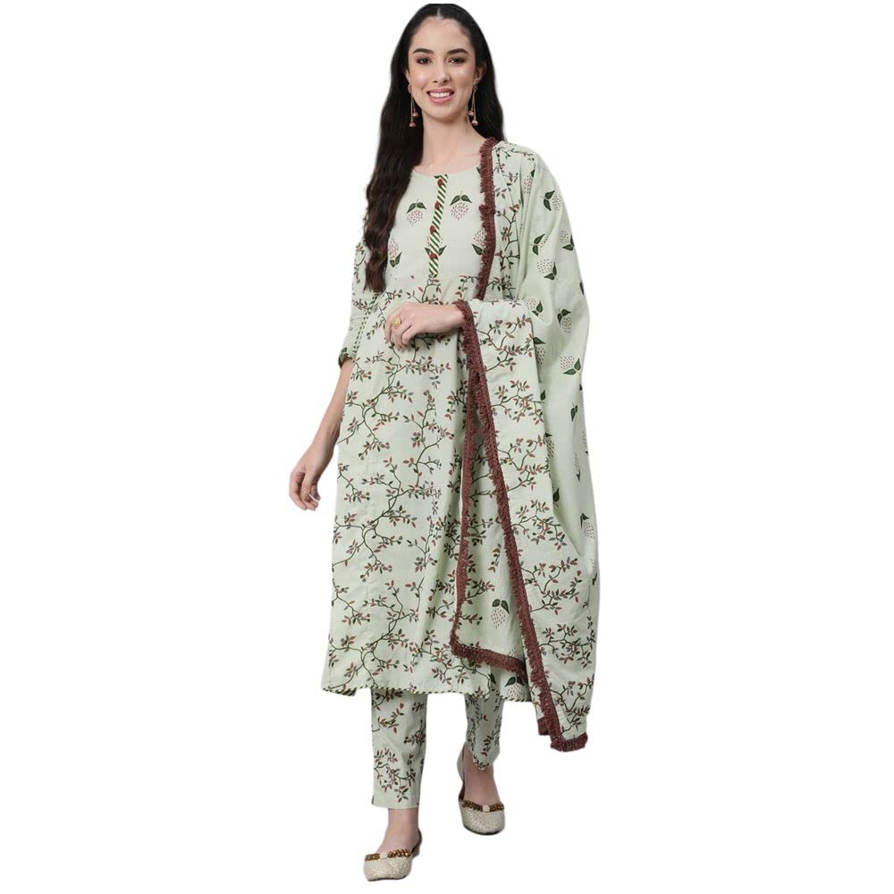 anubhutee Women's Cotton Printed A-Line Kurta suit set with Dupatta & Pants ANU2111387_S_Green