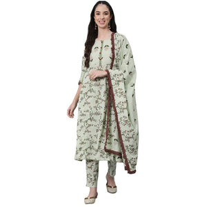 anubhutee Women's Cotton Printed A-Line Kurta suit set with Dupatta & Pants ANU2111387_S_Green