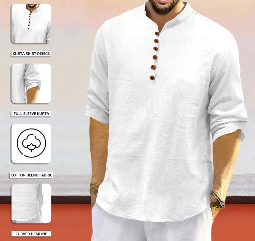 Royalscout Men'S Cotton Polyester Blend Solid Regular Fit Full Sleeve Short Kurta | Ethnic, Lightweight Summer Kurta For Daily & Occasion Use White