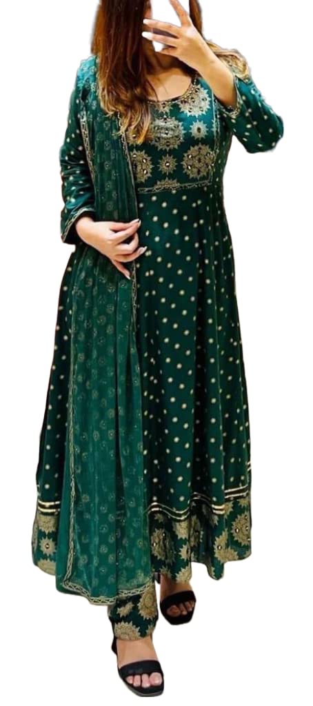 Anni Designer Women'S Cotton Blend Printed Anarkali Kurta With Pant & Dupatta (Shop-Green_S_Green_Small),Green,S