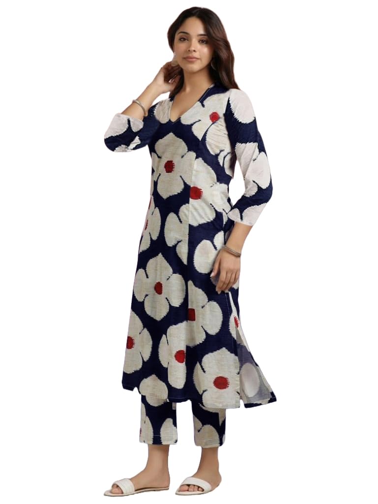 Gosriki Women'S Cotton Blend Straight Printed Kurta With Pant (Chunilal Blue-Gs_L_Blue_Large),Blue,,B0D6G1Y61C