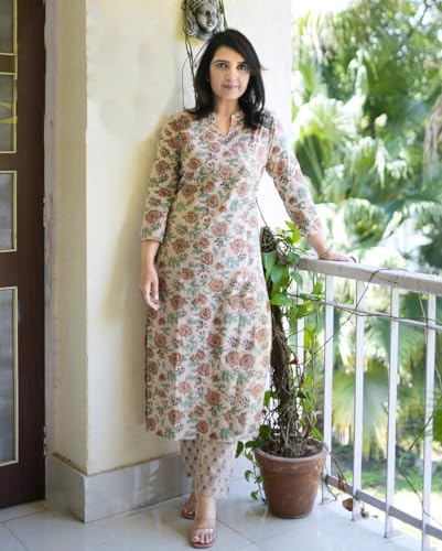 Anni Designer Women'S Cotton Blend Straight Printed Kurta With Pant (Wide Cream_M_Cream_Medium),Cream,M,Cotton Blend,Straight,