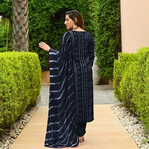 Gosriki Women'S Rayon Blend Straight Bandhej Printed Kurta With Pant & Dupatta (Baghira Grey-Vks01-Gs_Xxl_Grey_Xx-Large),Grey,2,B0DFY29P9R