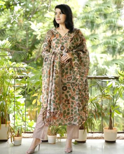 Anni Designer Women'S Cotton Blend Straight Printed Kurta With Pant & Dupatta (Uskana Beige_Xl_Cream_X-Large),Beige,XL,Cotton Blend,Regular,