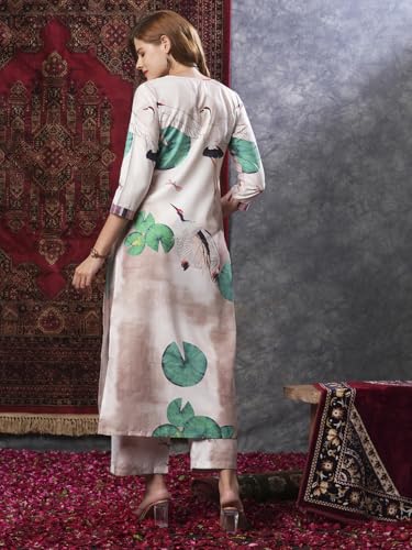 Anni Designer Women'S Cotton Blend Straight Printed Kurta With Palazzo (Swans Peach-Nw_M_Peach_Medium),Peach,M,Cotton Blend,Regular,Kurta, Pants