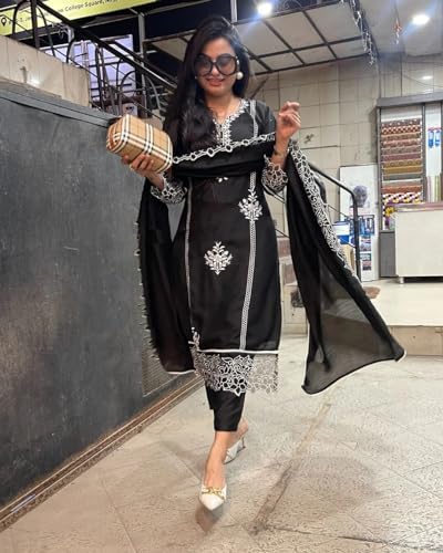 Anni Designer Women'S Rayon Blend Straight Embroidered Kurta With Pant & Dupatta (Trp Black-Nm_M_Black_Medium),Black,M,Rayon Blend,Regular,