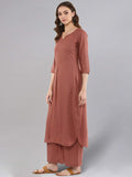 Idalia Rayon Solid Straight Brown Kurta Set For Women With Palazzo 3/4 Sleeve, Round V Neck Designer Kurta With Palazzo Pant Set Rose Gold S