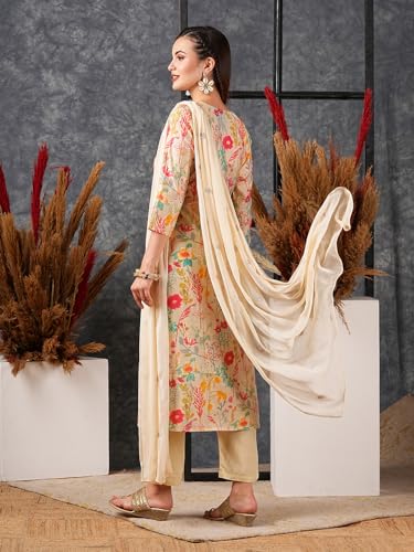 Anni Designer Women'S Cotton Blend Straight Printed Kurta With Pant & Dupatta (Maket Cream_Xxl_Cream_Xx-Large),Cream,2XL,Cotton Blend,Regular,