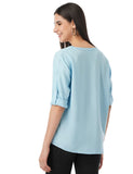 Fyltr Women'S Fashion V-Neck Top With Roll-Up Sleeves,Happy Hue Blue,Happy Hue Blue,Xl