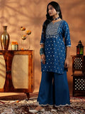 Libas Womens Woven Design Silk Blend Straight Kurta With Palazzos And Dupatta Blue S