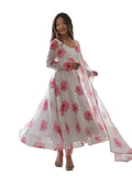 Women Floral Print Anarkali Kurta With Pant And Duptta (Large White-Pink),White-pink,L