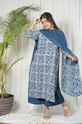 Anni Designer Women'S Cotton Blend Straight Printed Kurta Set With Palazzo & Dupatta (Nazneen Blue_M_Blue_Medium),Blue,M,Cotton Blend,Nazneen Blue_785,Kurta, Scarf