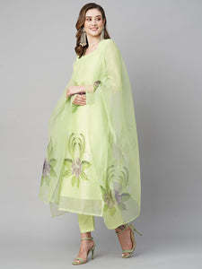Anni Designer Women'S Chanderi Cotton Straight Printed Kurta With Pant & Dupatta (Idika Green-Nw_S_Green_Small),Green,S,Cotton Blend,Regular,Kurta, Scarf