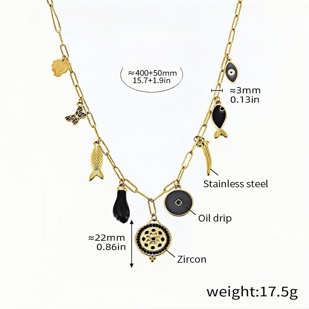 Black Boho Charm Necklace Gold Stainless Steel Chain with Black Enamel & Zircon Accents Multi-Charm Statement Necklace 15.7 +