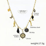 Black Boho Charm Necklace Gold Stainless Steel Chain with Black Enamel & Zircon Accents Multi-Charm Statement Necklace 15.7 +