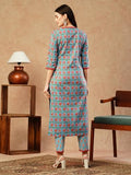 Gosriki Women'S Cotton Blend Straight Printed Kurta With Pant (Balajyoti Blue-Nw-Gs_L_Blue_Large),Blue,,B0CSG4YNGS