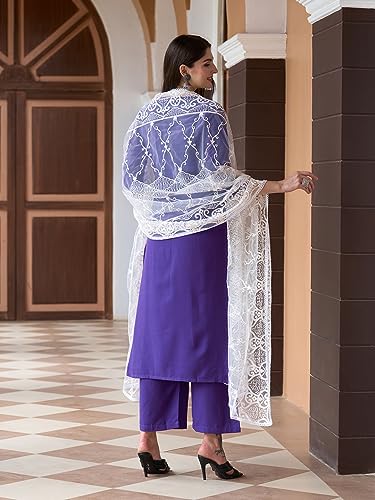 Anni Designer Women'S Cotton Blend Straight Embroidered Kurta With Palazzo & Dupatta (Ditto Begni_Xl_Blue_X-Large),Blue,XL,Cotton Blend,Regular,