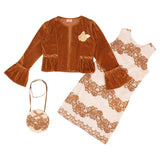 Cutecumber Girls Lace Fabric & Drop Needle Chenille Self Desinged Sleeveless Dress With Full Sleeve Open Front Shrug & A Sling B