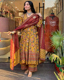 Anni Designer Women'S Rayon Viscose Anarkali Printed Kurta With Palazzo & Dupatta (Venkye Yellow_S_Yellow_Small),Yellow,S,Rayon Blend,Classic,