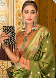 Greciilooks Womens Casual Jacquard Cotton Silk Regular Fit Saree (Green)
