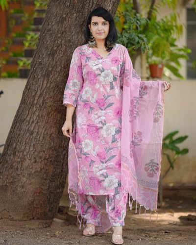 Anni Designer Women'S Rayon Blend Straight Printed Kurta With Pant & Dupatta (Suragini Pink_S_Pink_Small),Pink,S,Rayon Blend,Regular,