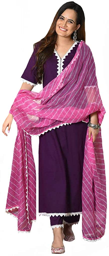 Gosriki Women'S Cotton Regular Kurta And Pants & Dupatta (Macbook-Wine_S-Go_Magenta_S),Wine,,B08VD2LZLG