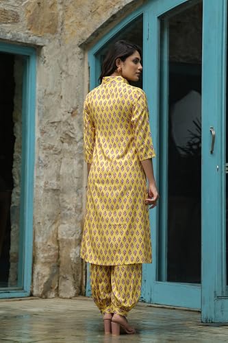 Leriya Fashion Rayon Printed A-Line Front Open Co-Ord Kurta Set For Women (Lf-W2126&Tr1093-S-Yellow)