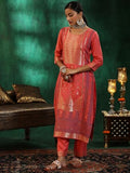 Libas Womens Woven Design Silk Blend Straight Kurta With Trousers And Dupatta Peach Xl