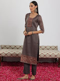 Libas Womens Printed Silk Blend Straight Kurta With Trousers And Dupatta Grey L 49136