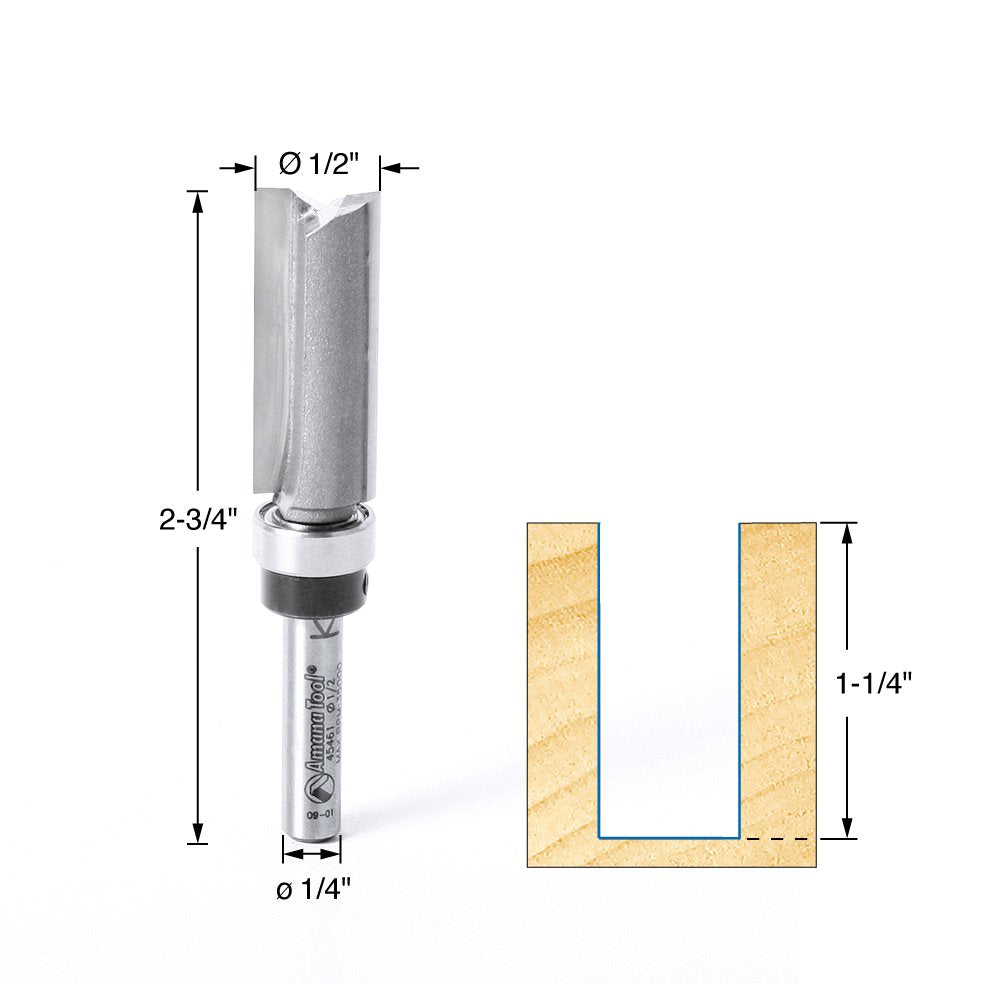 Amana Tool - 45461 Carbide Tipped Flush Trim Plunge Template 1/2 Dia x 1-1/4 x 1/4 Sh
