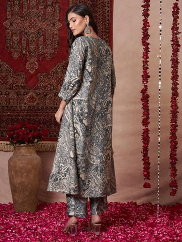 Anni Designer Women'S Rayon Blend Straight Printed Kurta With Pant (Marco Grey_Xxl_Grey_Xx-Large),Grey,2XL,Rayon Blend,Straight,