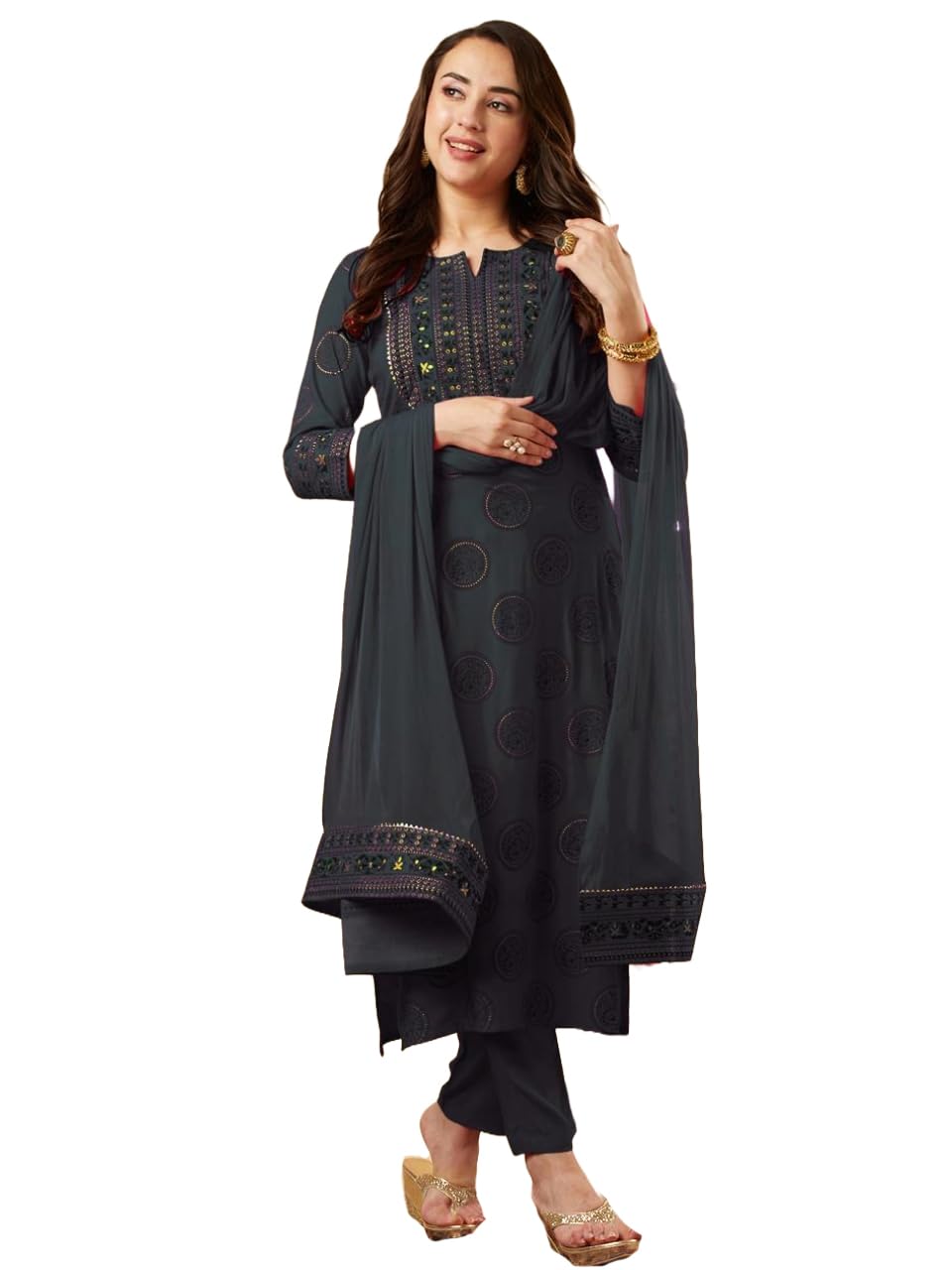 Anni Designer Women'S Cotton Blend Straight Printed Kurta With Pant & Dupatta (Nov Grey_Xxl_Grey_Xx-Large),Grey,2XL