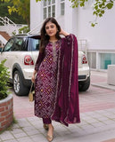 Gosriki Women'S Rayon Viscose Straight Bandhej Printed Kurta With Pant & Dupatta (Turae Wine-Vks03-Gs_Xl_Wine_X-Large),Wine,,B0F8QB4V8X
