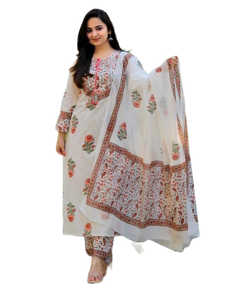 Alvami Women Viscose Printed Straight Kurta Pant with Dupatta Set (L) White