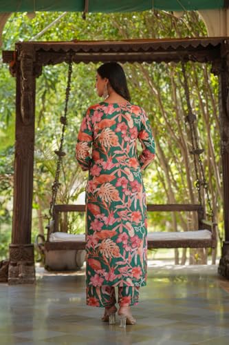 Anni Designer Women'S Cotton Blend Straight Printed Kurta With Pant (Chinki-Green-Sh_Xxl_Green_Xx-Large),Green,2XL,Cotton Blend,Regular,Kurta