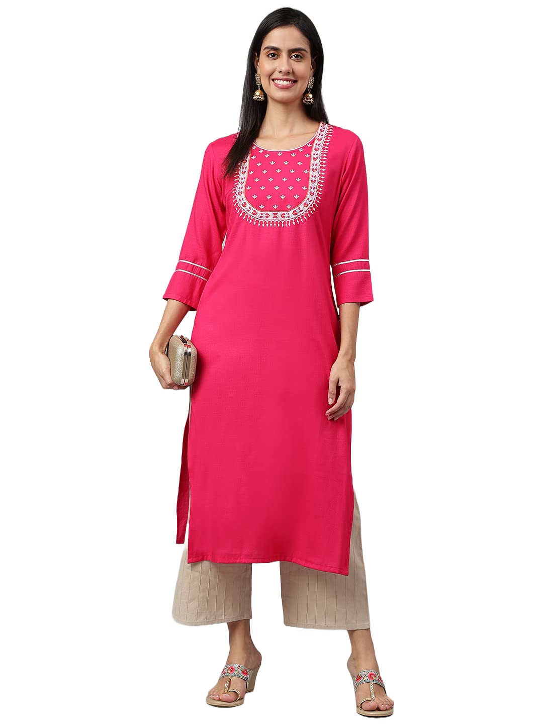 Anni Designer Women'S Cotton Blend Straight Solid Kurta (Satya Pink_Xl_Pink_X-Large),Pink,XL