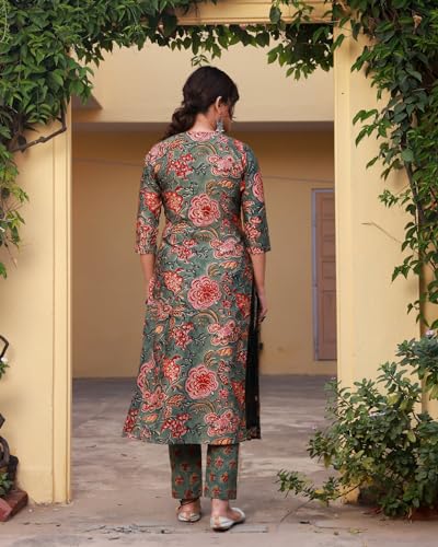 Anni Designer Women'S Rayon Blend Printed Straight Kurta With Pant & Dupatta (Fta Green-Nrk_M_Green_Medium),Green,M,Rayon Blend,Regular,