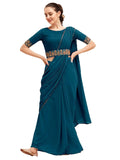 Trendy Store Womens Georgette Silk With Fancy Lace And Embroidery Blouse And Belt Saree.(Teal Green)