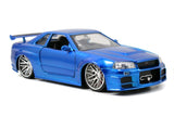Jada Toys Fast & Furious 1:24 Brians 2002 Nissan Skyline GTR R34 a Diecast Car, Toys for Kids and Adults, Blue (97173)